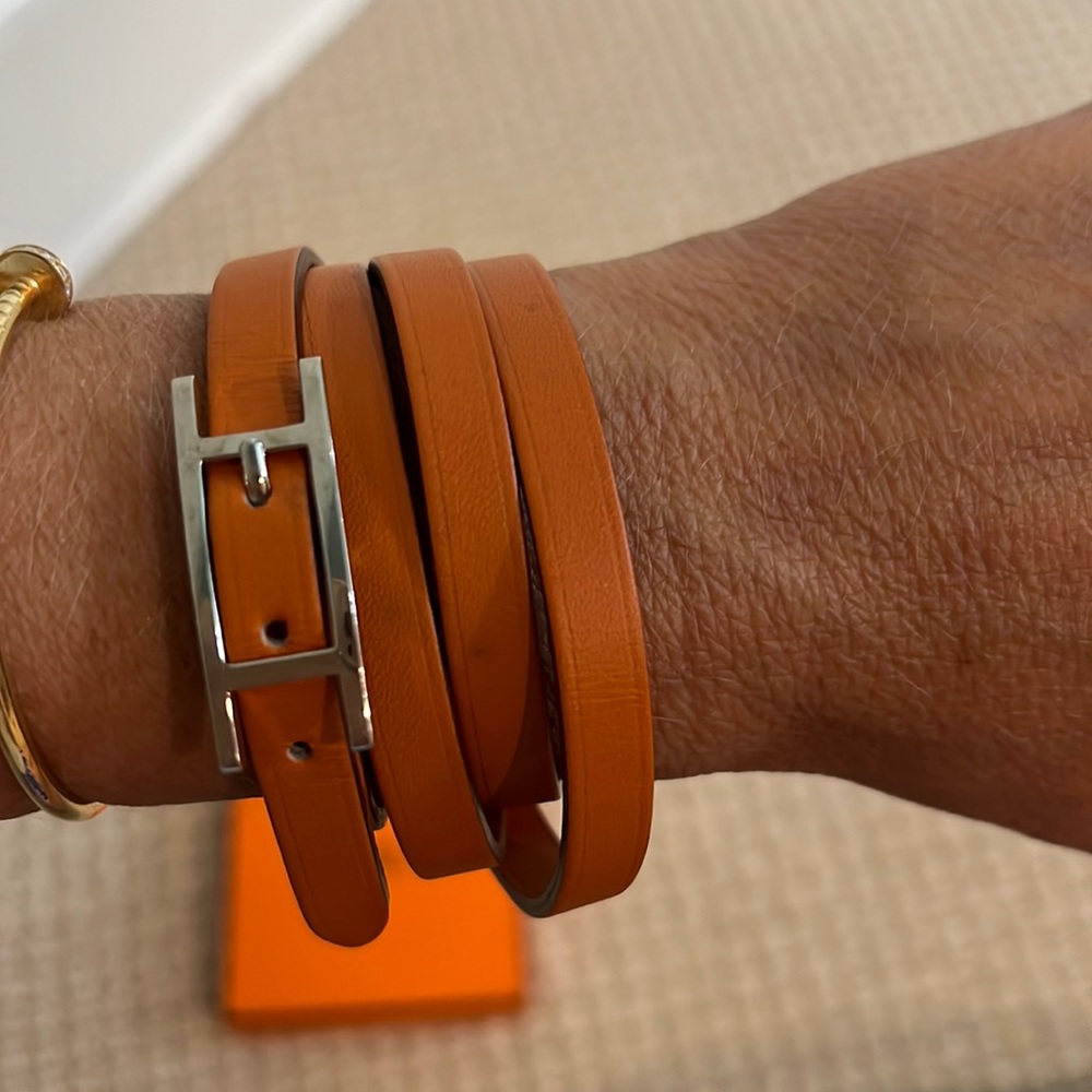 Hermes Orange Double Tour H Bracelet with Silver Buckle